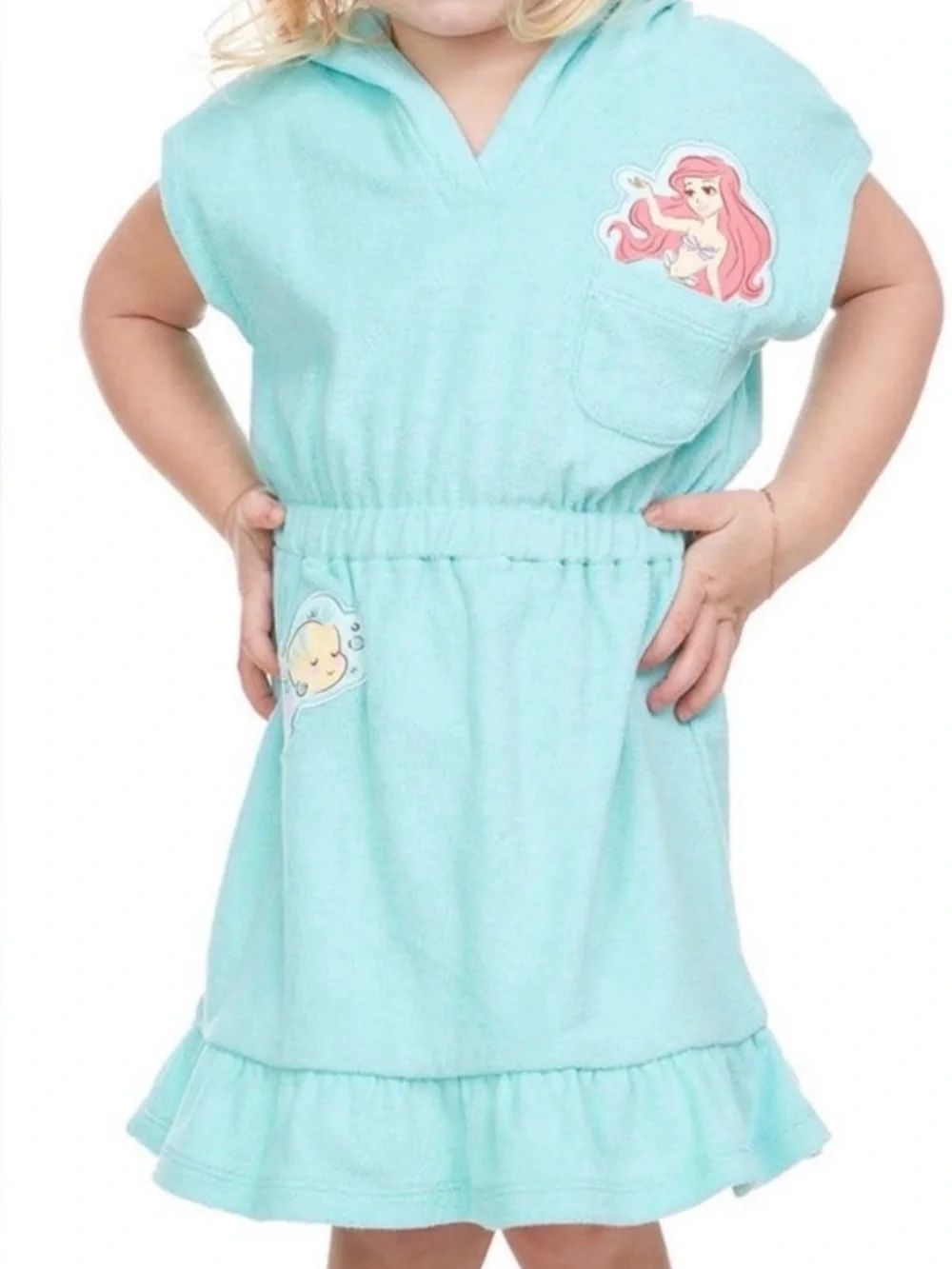 Disney Princess Girl’s 6/7 Ariel & Flounder Pull-Over Hooded Swim Cover-Up